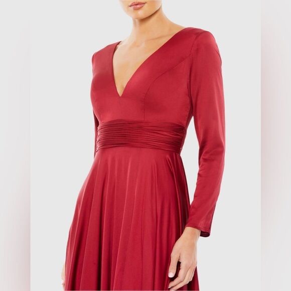 Ieena for Mac Duggal Red Long Sleeve Ruched Waist A-Line Gown Maxi Dress 10 NEW - Picture 8 of 13